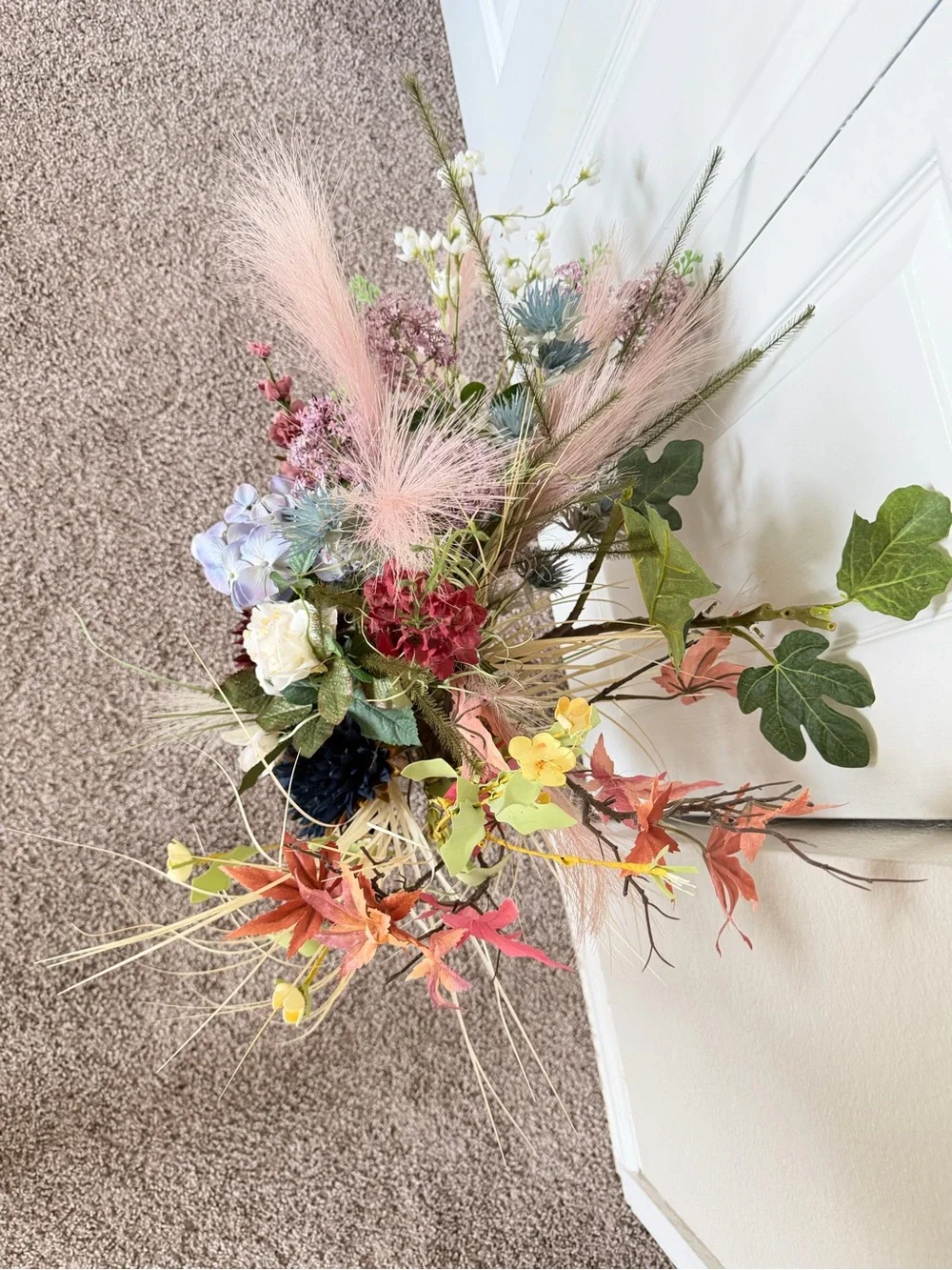 Hand Crafted Mixed Faux Floral Bouquet in Pink, Blue, Burgundy & Cream